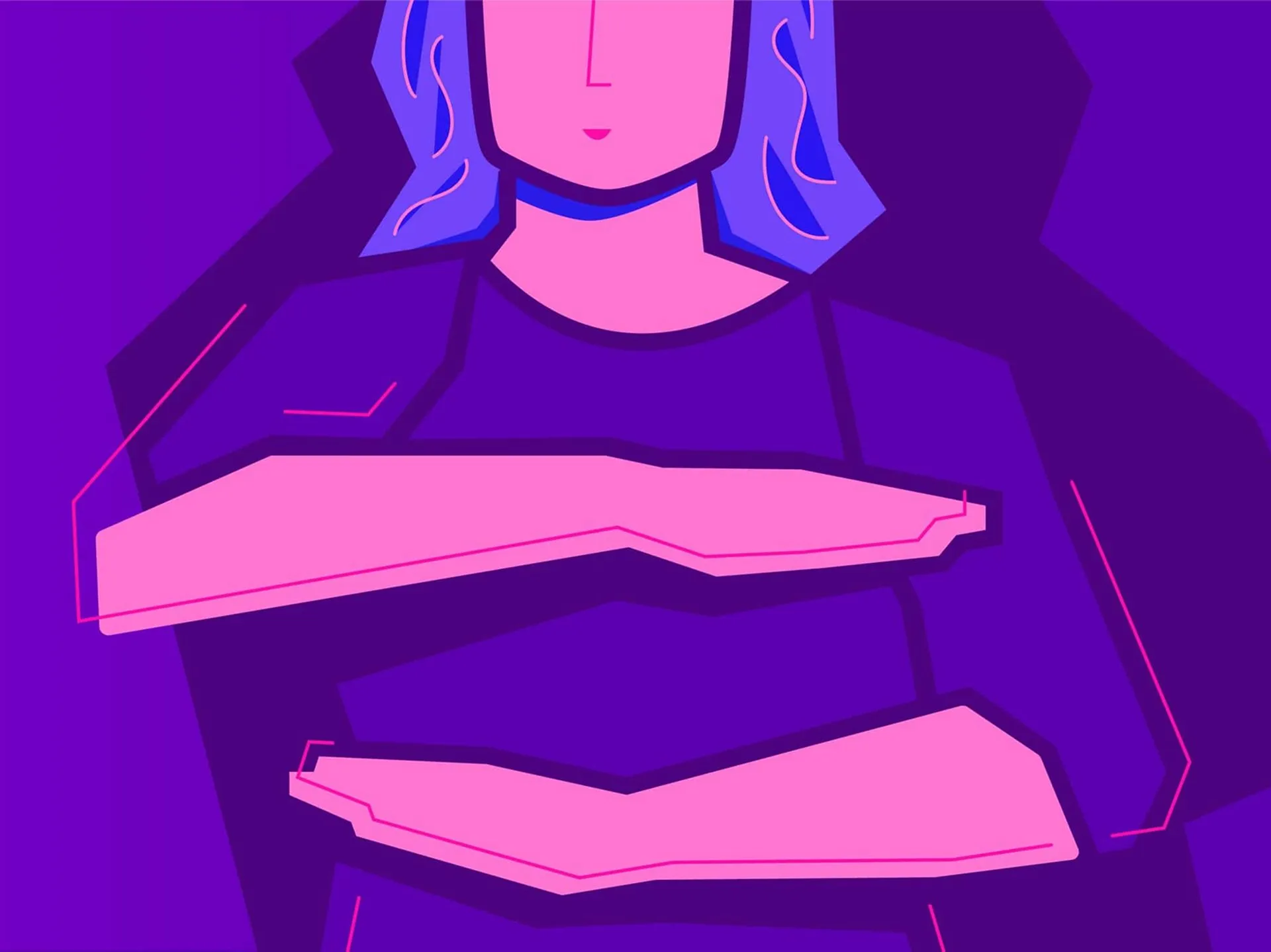 Stylized illustration in shades of purple and pink showing a person with blue hair holding their arms crossed horizontally across their torso.