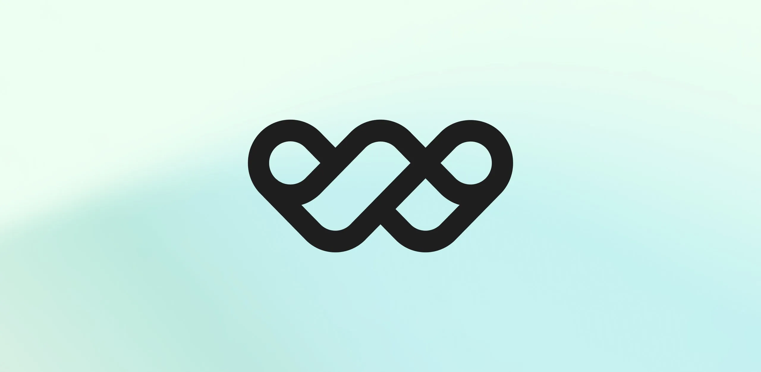 A black geometric infinity-style symbol with three loops on a pale blue-to-green gradient background.