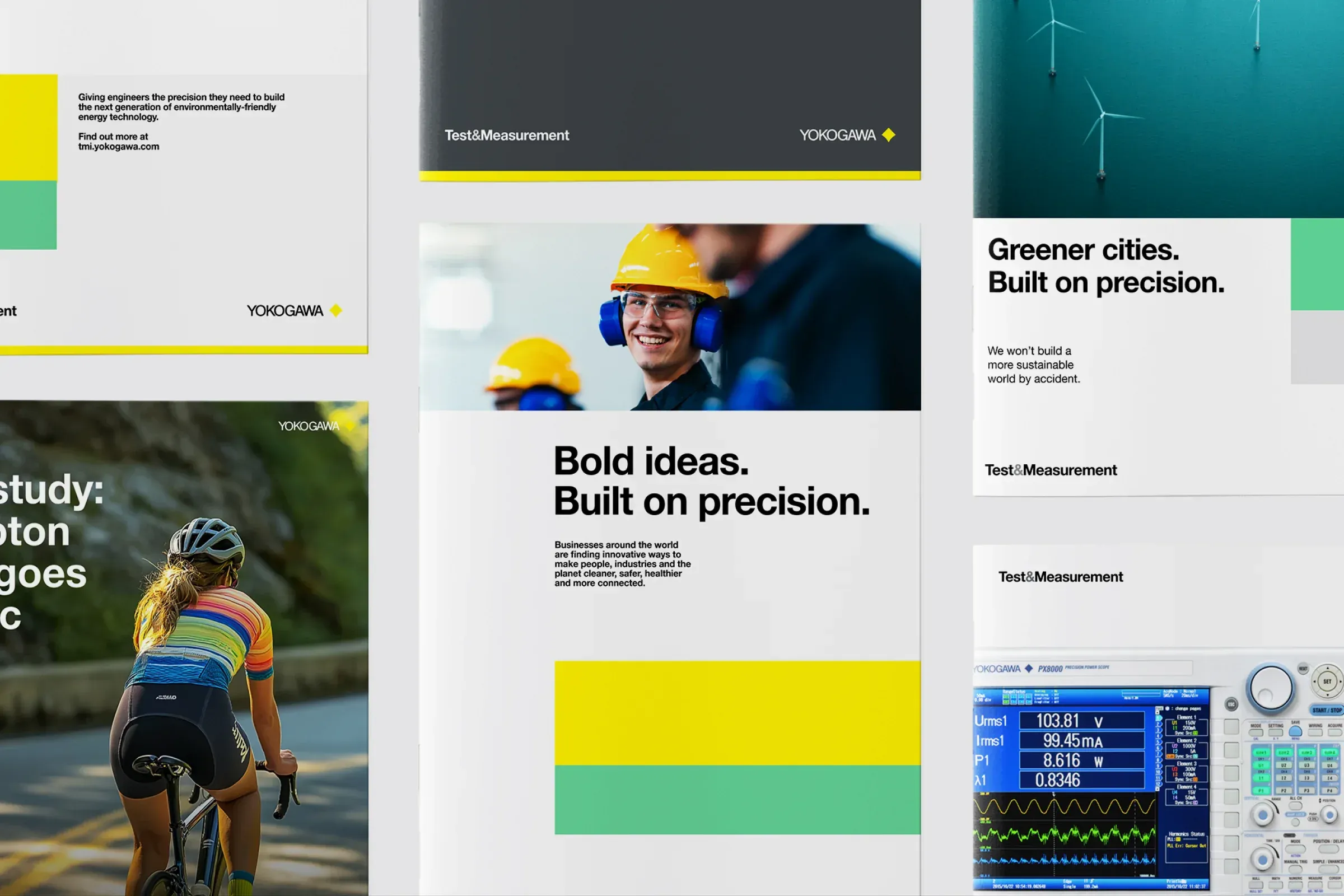 Yokogawa Test & Measurement brochures and adverts laid out together, including covers reading Bold ideas. Built on precision. and Greener cities. Built on precision.